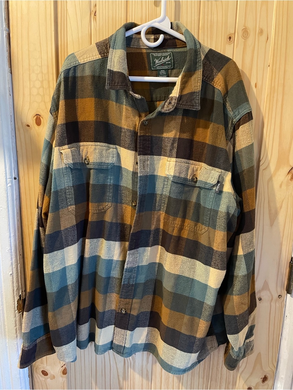 Woolrich Men's Plaid Button-Down Shirt in Green, Tan & Blue